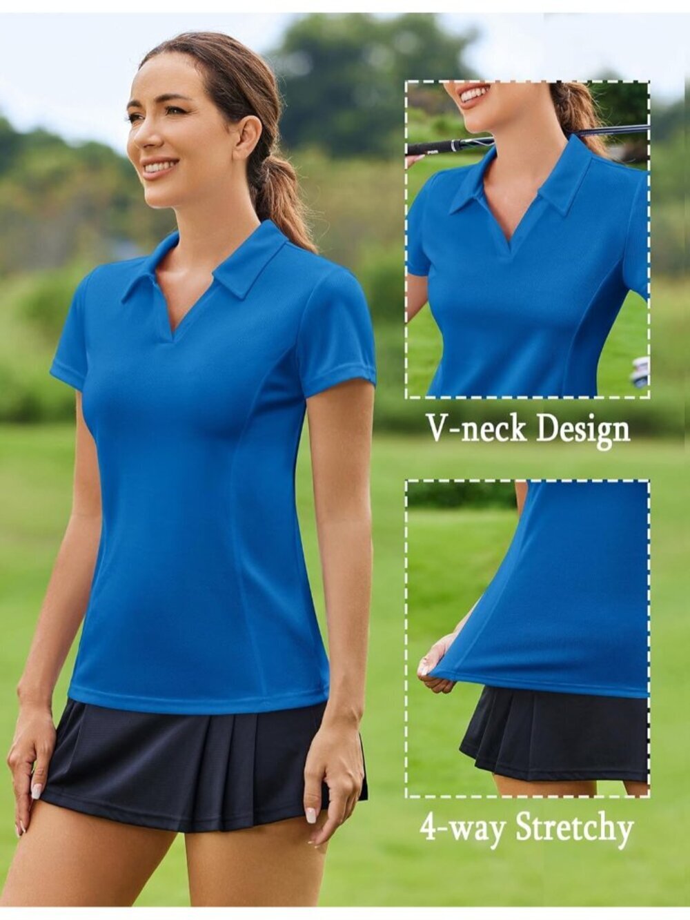 Women's Blue Golf Shirt Short Sleeve Quick Dry V-Neck Tennis Tops Fit - Picture 4 of 5